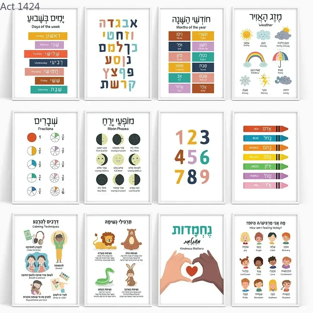 Kids Education Alphabet Numbers - Affiches éducatives en toile hébreu-anglais, alphabet,